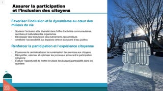 Assurer la participation
et l’inclusion des citoyens
Favoriser l’inclusion et le dynamisme au cœur des
milieux de vie
• Soutenir l’inclusion et la diversité dans l’offre d’activités communautaires,
sportives et culturelles des organismes
• Développer des festivités et des évènements rassembleurs
• Améliorer l’accessibilité aux espaces verts et aux plans d’eau publics
Renforcer la participation et l’expérience citoyenne
• Poursuivre la centralisation et la numérisation des services aux citoyens
• Démystifier, valoriser et optimiser les processus entourant la participation
citoyenne
• Évaluer l’opportunité de mettre en place des budgets participatifs dans les
quartiers
1
 