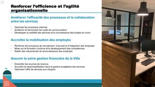 Renforcer l’efficience et l’agilité
organisationnelle
Améliorer l’efficacité des processus et la collaboration
entre les services
• Optimiser les processus internes
• Améliorer et harmoniser les outils de communication
• Développer la visibilité des services et la connaissance des projets en cours
Accroître la mobilisation des employés
• Renforcer les processus de recrutement, d’accueil et d’intégration des employés
• Miser sur la formation continue et le développement des compétences
• Établir des mécanismes de reconnaissance des employés
Assurer la saine gestion financière de la Ville
• Diversifier les sources de revenus
• Accroître la responsabilisation dans la gestion budgétaire des services
• Optimiser l’offre de services aux citoyens
4
 