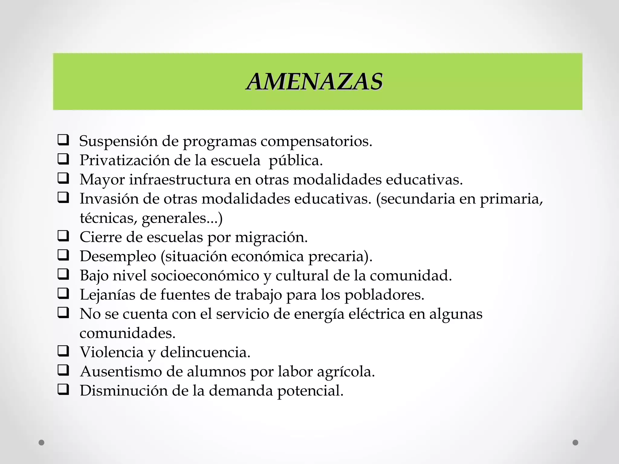 AMENAZASAMENAZAS
 Suspensión de programas compensatorios.
 Privatización de la escuela pública.
 Mayor infraestructura en otras modalidades educativas.
 Invasión de otras modalidades educativas. (secundaria en primaria,
técnicas, generales...)
 Cierre de escuelas por migración.
 Desempleo (situación económica precaria).
 Bajo nivel socioeconómico y cultural de la comunidad.
 Lejanías de fuentes de trabajo para los pobladores.
 No se cuenta con el servicio de energía eléctrica en algunas
comunidades.
 Violencia y delincuencia.
 Ausentismo de alumnos por labor agrícola.
 Disminución de la demanda potencial.
 