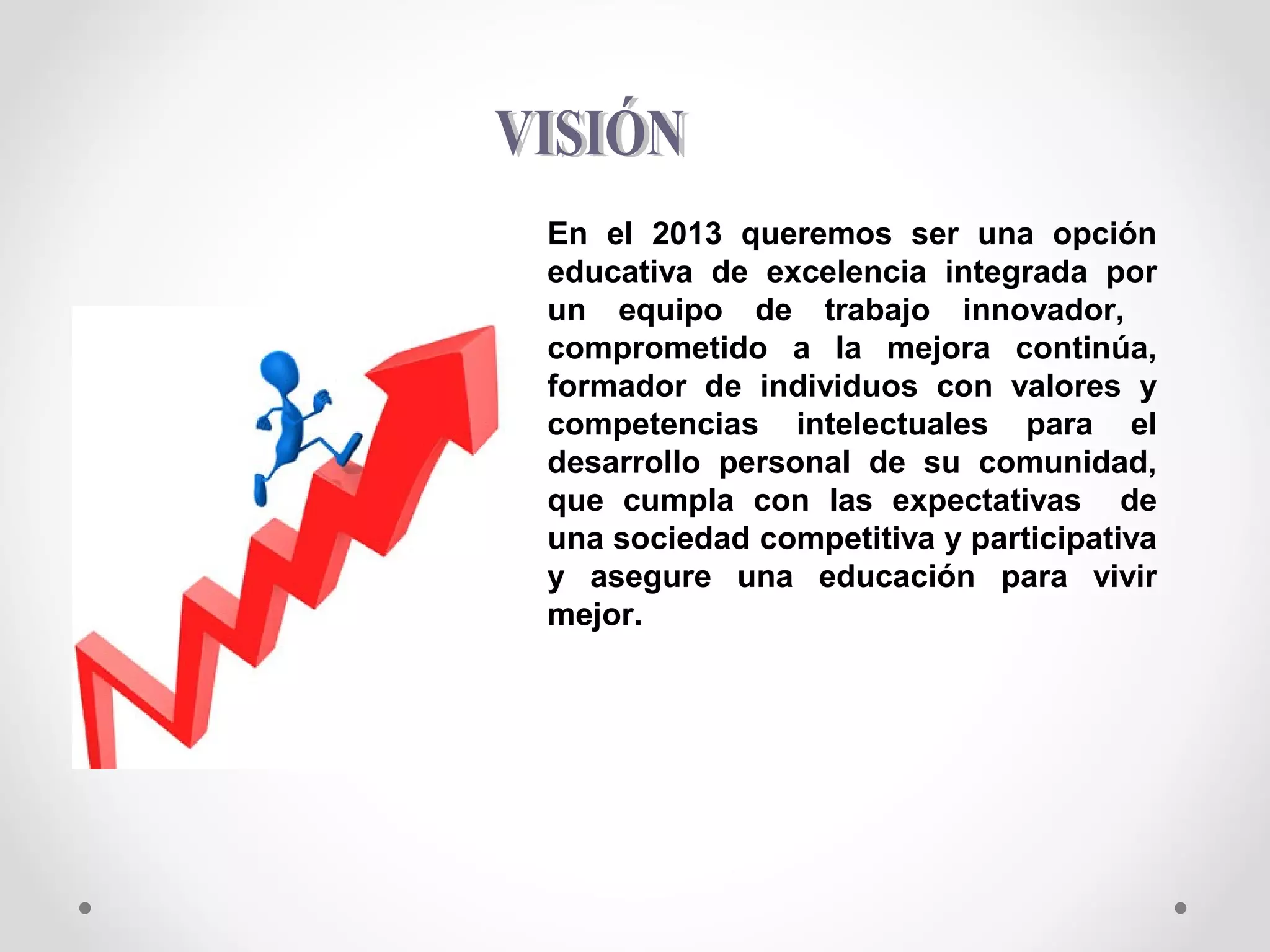 En el 2013 queremos ser una opción
educativa de excelencia integrada por
un equipo de trabajo innovador,
comprometido a la mejora continúa,
formador de individuos con valores y
competencias intelectuales para el
desarrollo personal de su comunidad,
que cumpla con las expectativas de
una sociedad competitiva y participativa
y asegure una educación para vivir
mejor.
 