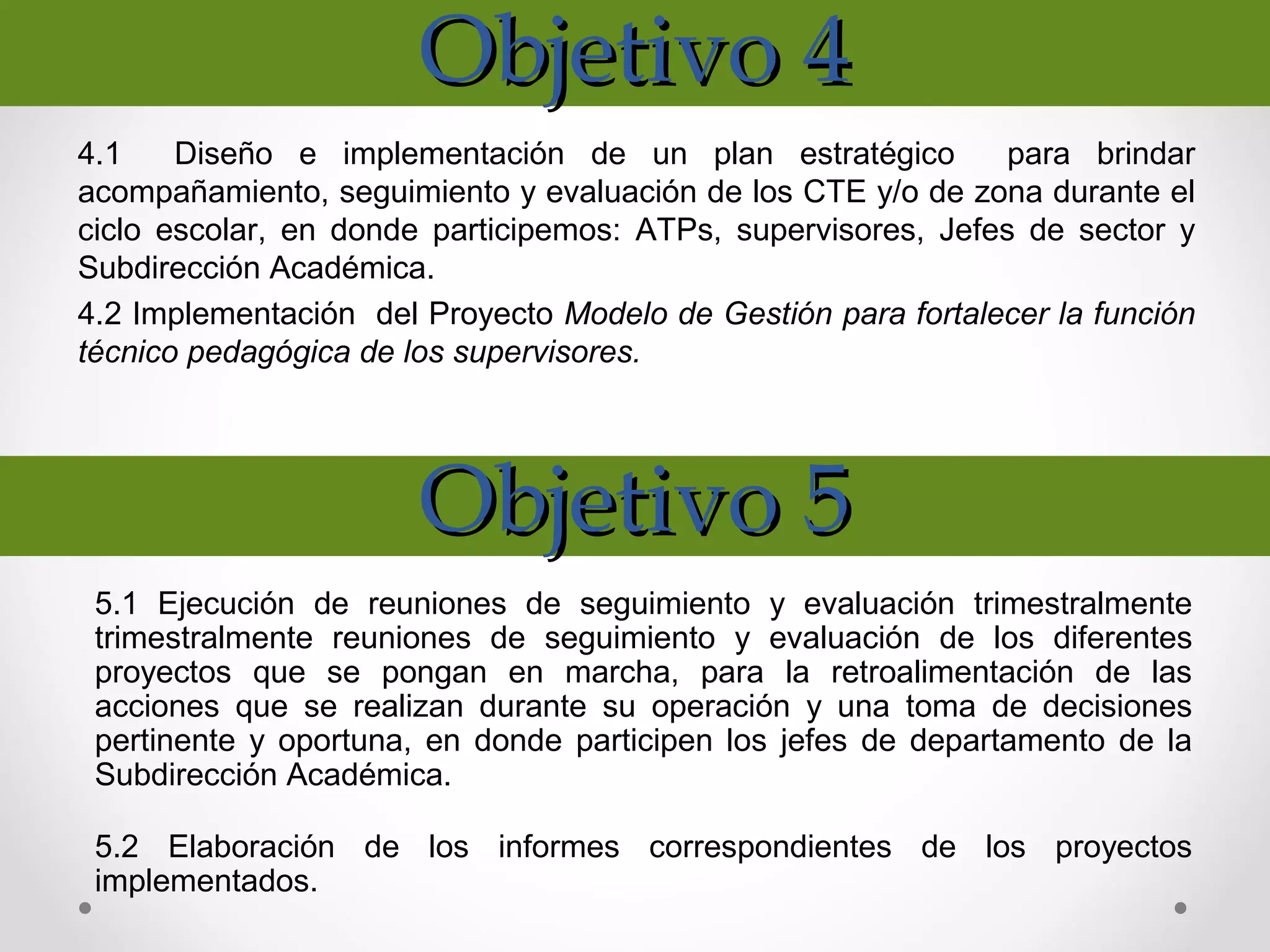 Objetivo 4Objetivo 4
4.1 Diseño e implementación de un plan estratégico para brindar
acompañamiento, seguimiento y evaluación de los CTE y/o de zona durante el
ciclo escolar, en donde participemos: ATPs, supervisores, Jefes de sector y
Subdirección Académica.
4.2 Implementación del Proyecto Modelo de Gestión para fortalecer la función
técnico pedagógica de los supervisores.
Objetivo 5Objetivo 5
5.1 Ejecución de reuniones de seguimiento y evaluación trimestralmente
trimestralmente reuniones de seguimiento y evaluación de los diferentes
proyectos que se pongan en marcha, para la retroalimentación de las
acciones que se realizan durante su operación y una toma de decisiones
pertinente y oportuna, en donde participen los jefes de departamento de la
Subdirección Académica.
5.2 Elaboración de los informes correspondientes de los proyectos
implementados.
 