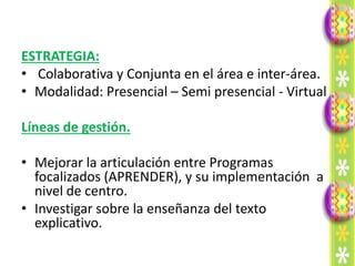ESTRATEGIA:
• Colaborativa y Conjunta en el área e inter-área.
• Modalidad: Presencial – Semi presencial - Virtual

Líneas de gestión.

• Mejorar la articulación entre Programas
  focalizados (APRENDER), y su implementación a
  nivel de centro.
• Investigar sobre la enseñanza del texto
  explicativo.
 