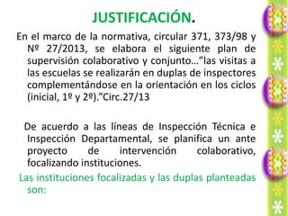 JUSTIFICACIÓN.
En el marco de la normativa, circular 371, 373/98 y
  Nº 27/2013, se elabora el siguiente plan de
  supervisión colaborativo y conjunto…”las visitas a
  las escuelas se realizarán en duplas de inspectores
  complementándose en la orientación en los ciclos
  (inicial, 1º y 2º).”Circ.27/13

 De acuerdo a las líneas de Inspección Técnica e
  Inspección Departamental, se planifica un ante
  proyecto      de     intervención      colaborativo,
  focalizando instituciones.
Las instituciones focalizadas y las duplas planteadas
  son:
 