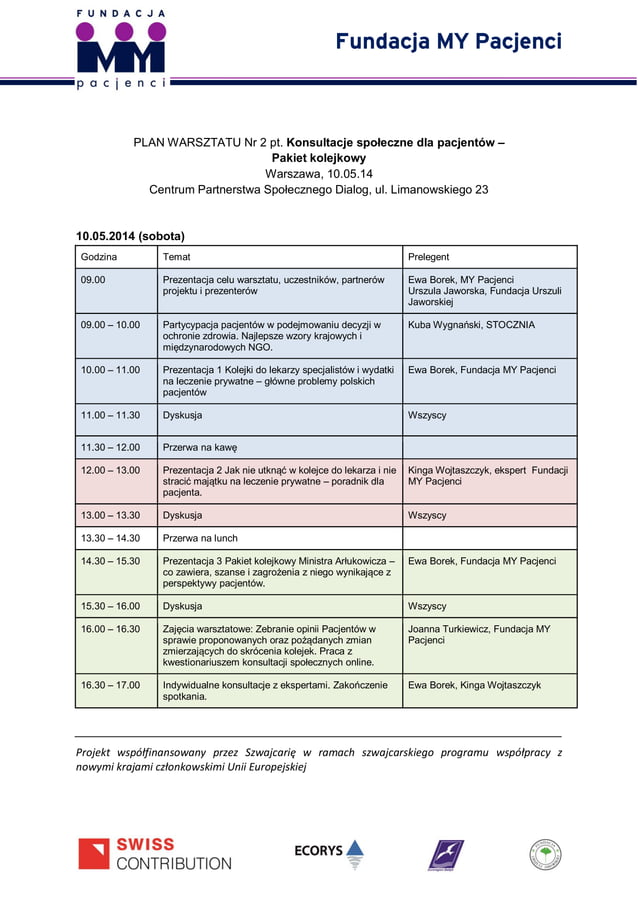 Plan szkolenia Konsultacje społeczne dla pacjentów - PAKIET KOLEJKOWY | PDF