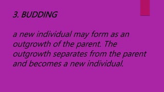 2. SEXUAL REPRODUCTION
It is the mode of reproduction that
involves two parents. Parents produce
reproductive cells called...