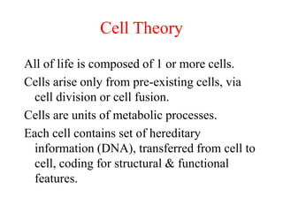 Cell Theory
All of life is composed of 1 or more cells.
Cells arise only from pre-existing cells, via
cell division or cell fusion.
Cells are units of metabolic processes.
Each cell contains set of hereditary
information (DNA), transferred from cell to
cell, coding for structural & functional
features.
 