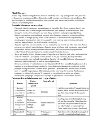 Plant Diseases
Disease fungi take their energy from the plants on which they live. They are responsible for a great deal
of damage and are characterized by wilting, scabs, moldy coatings, rusts, blotches and rotted tissue. This
page is designed to help identify some of the more common plant diseases and provides earth-friendly
solutions for combatting them.
Bacterial diseases - an overview:
 Pathogenic bacteria cause many serious diseases of vegetables. They do not penetrate directly into
plant tissue but need to enter through wounds or natural plant openings. Wounds can result from
damage by insects, other pathogens, and tools during operations such as pruning and picking.
Bacteria only become active and cause problems when factors are conducive for them to multiply.
They are able to multiply quickly. Some factors conducive to infection include: high humidity;
crowding; poor air circulation; plant stress caused by over-watering, under-watering, or irregular
watering; poor soil health; and deficient or excess nutrients.
 Bacterial organisms can survive in the soil and crop debris, and in seeds and other plant parts. Weeds
can act as reservoirs for bacterial diseases. Bacteria spread in infected seed, propagating material and
crop residues, through water splash and wind-driven rain, and on contaminated equipment and
workers' hands. Overhead irrigation favours the spread of bacterial diseases.
 Warm, wet weather favours the development of some bacterial diseases, while others are favoured by
cool, wet conditions. Development is often arrested by hot, dry conditions, but may exacerbate
symptoms once the plant is already infected (e.g. Bacterial wilt caused by Ralstonia solanacearum).
Sometimes bacterial ooze may be seen on diseased plant tissue.
 However, symptoms of bacterial diseases may be confused with those caused by fungal diseases. It is
important to have diseased tissue examined in a plant diagnostics laboratory to confirm the type of
pathogen causing the disease.Different strains (pathovars – pv.) of bacterial diseases affect different
types of vegetable crops or cause different diseases in the same crop. For example: Xanthomonas
campestris pv. vitians in lettuce and X. campestris pv. cucurbitae in cucurbits; and in beans
Psuedomonas syringae pv. syringae and P. syringae pv. phaseolicola cause different diseases.
Common bacterial diseases and crops affected:
Disease
Factors
conducive to
spread
Crops affected
Symptoms
1 Black rot
(Xanthomonas
campestris pv.
campestris)
Warm, wet
conditions.
Brassicas.
Light-brown to yellow V-shaped lesions on
the leaf, which become brittle and dry with
age. Vein blackening with the necrotic
area.
2
Bacterial
canker
(Clavibacter
michiganensis
pv.
michiganensis)
Moderate
temperatures
and high
humidity.
Tomato; capsicum;
chilli
Seedlings may die and older plants may
wilt and die eventually. Older plants have
leaves that turn yellow and wilt only on
one side. Cankers on stems and fruit.
Tissue inside stems becomes discoloured.
3 Bacterial soft
rot
Warm, wet
conditions.
Wide range of
vegetables,
Wet, slimy, soft rot that affects any part of
vegetable crops including heads, curds,
 