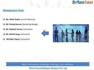 Better ideas and best technology is the sign of our excellence. 
Plant Future Software Services Pvt. Ltd. 
Management Team 
 Ms. Neha Gupta, Human Resource 
 Mr. Pankaj Bansal, Marketing Manger 
 Mr. Mukesh Verma, Consultant 
 Mr. Ashish Garg, Consultant 
 Mr.Vikas Tiwari, Consultant 
 