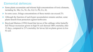 Elemental defences
 Some plants accumulate and tolerate high concentrations of toxic elements,
including Se, Mn, Cu, Ni, Zn, Cd, Cr, Pb, Co, Al,
 In some cases, foliage concentrations of these metals can exceed 2%
 Although the function of such hyper accumulation remains unclear, some
plants benefit from protection against herbivores
 Boyd and Martens (1994) found that larvae of the cabbage white butterfly
fed Thlaspi montanum grown in high Ni soil showed 100% mortality after
12 days, compared to 21% mortality for larvae fed on plants grown in low
Ni soil.
 