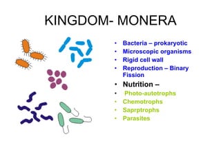 KINGDOM- MONERA Bacteria – prokaryotic Microscopic organisms Rigid cell wall Reproduction – Binary Fission Nutrition – Photo-autotrophs Chemotrophs Saprptrophs Parasites 