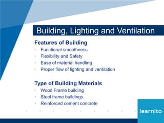 www.company.com
Building, Lighting and Ventilation
Features of Building
• Functional smoothness
• Flexibility and Safety
•...