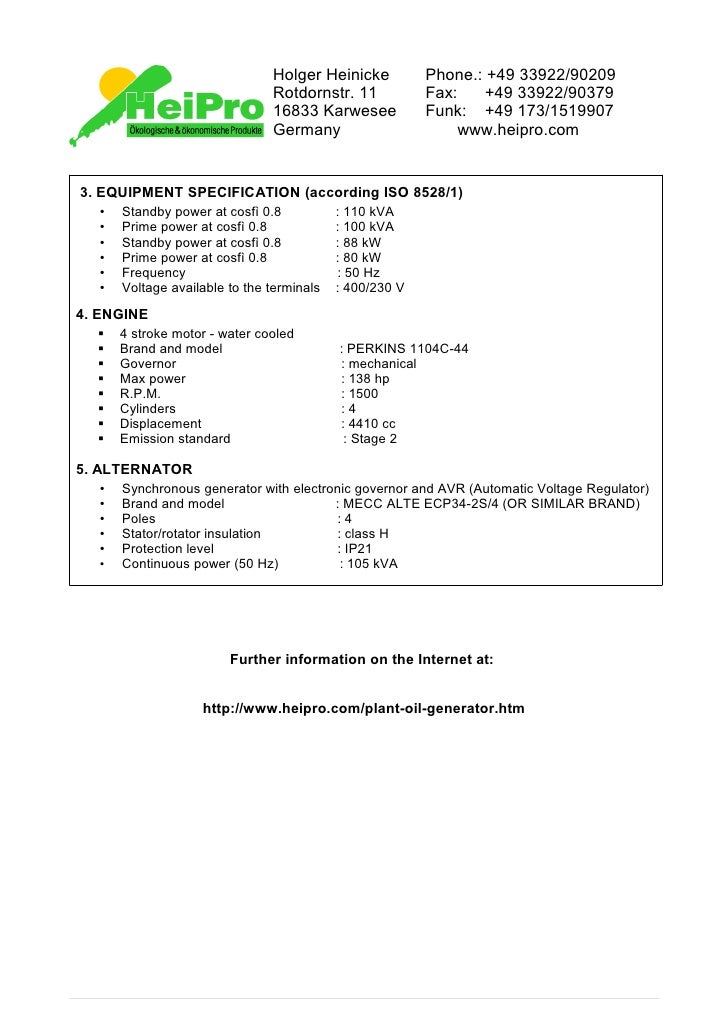 Vegetable Oil Electrical Generator Runs on Rape Oil, Soya Oil, Palm