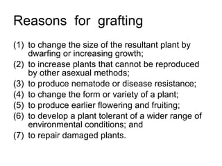 Reasons  for  grafting to change the size of the resultant plant by dwarfing or increasing growth;  to increase plants that cannot be reproduced by other asexual methods;  to produce nematode or disease resistance;  to change the form or variety of a plant;  to produce earlier flowering and fruiting;  to develop a plant tolerant of a wider range of environmental conditions; and  to repair damaged plants.  