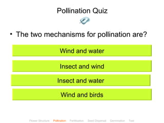 Pollination Quiz


• The two mechanisms for pollination are?

                             Wind and water

                             Insect and wind

                           Insect and water

                              Wind and birds


                                                                                            ClickBiology
     Flower Structure   Pollination   Fertilisation   Seed Dispersal   Germination   Test
 