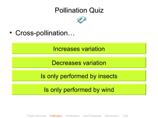 Pollination Quiz


• Cross-pollination…

                          Increases variation

                         Decreases variation

                Is only performed by insects

                  Is only performed by wind


                                                                                            ClickBiology
     Flower Structure   Pollination   Fertilisation   Seed Dispersal   Germination   Test
 