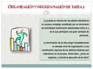 La puesta en marcha de una planta industrial es
un proceso complejo constituido por un sinnúmero
de actividades fuertemente relacionadas entre sí y
en la que participan una gran variedad de
personas.
La terminación de la obra exige indudablemente
un elevado nivel de organización y una
coordinación rigurosa de los distintos factores que
intervienen en el proceso. Ahora bien, ¿cómo se
organiza y controla la ejecución de la obra?
 