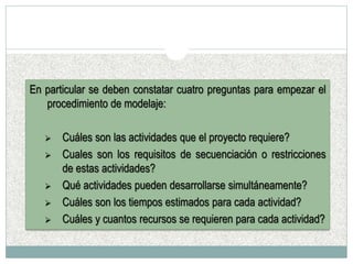 En particular se deben constatar cuatro preguntas para empezar el
procedimiento de modelaje:
 Cuáles son las actividades que el proyecto requiere?
 Cuales son los requisitos de secuenciación o restricciones
de estas actividades?
 Qué actividades pueden desarrollarse simultáneamente?
 Cuáles son los tiempos estimados para cada actividad?
 Cuáles y cuantos recursos se requieren para cada actividad?
 