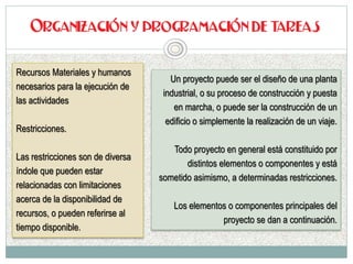 Un proyecto puede ser el diseño de una planta
industrial, o su proceso de construcción y puesta
en marcha, o puede ser la construcción de un
edificio o simplemente la realización de un viaje.
Todo proyecto en general está constituido por
distintos elementos o componentes y está
sometido asimismo, a determinadas restricciones.
Los elementos o componentes principales del
proyecto se dan a continuación.
Recursos Materiales y humanos
necesarios para la ejecución de
las actividades
Restricciones.
Las restricciones son de diversa
índole que pueden estar
relacionadas con limitaciones
acerca de la disponibilidad de
recursos, o pueden referirse al
tiempo disponible.
 