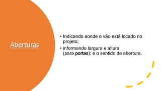 Aberturas
• Indicando aonde o vão está locado no
projeto;
• informando largura e altura
(para portas); e o sentido de abertura.
 