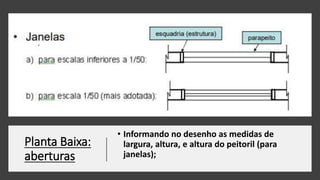 Planta Baixa:
aberturas
• Informando no desenho as medidas de
largura, altura, e altura do peitoril (para
janelas);
 
