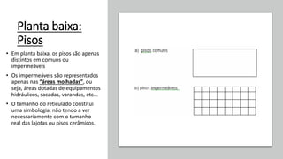 Planta baixa:
Pisos
• Em planta baixa, os pisos são apenas
distintos em comuns ou
impermeáveis
• Os impermeáveis são representados
apenas nas “áreas molhadas”, ou
seja, áreas dotadas de equipamentos
hidráulicos, sacadas, varandas, etc...
• O tamanho do reticulado constitui
uma simbologia, não tendo a ver
necessariamente com o tamanho
real das lajotas ou pisos cerâmicos.
 