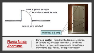 Planta Baixa:
Aberturas
• Portas e portões – São desenhados representando-
se sempre a(s) folha(s) da esquadria, com linhas
auxiliares, se necessário, procurando especificar o
movimento da(s) folha(s) e o espaço ocupado.
 