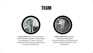 TEAM
Prateek Gupta, Founder and Marketing.
Passionate about education and technology,
has experience in IT and e­commerce,
Worked with various NGOs including Smile
Foundation and Magic Bus.
Aditya Chaturvedi, Operations.
Currently an MBA student,
has sound experience of fundraising and
funds managment with various social
organizations.
 