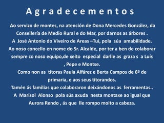 Agradecementos
Ao servizo de montes, na atención de Dona Mercedes González, da
    Consellería de Medio Rural e do Mar, por darnos as árbores .
  A José Antonio do Viveiro de Areas –Tui, pola súa amabilidade.
Ao noso concello en nome do Sr. Alcalde, por ter a ben de colaborar
 sempre co noso equipo,de xeito especial darlle as graza s a Luís
                          , Pepe e Montse.
    Como non as titoras Paula Alfárez e Berta Campos de 6º de
                   primaria, e aos seus titorandos.
 Tamén ás familias que colaboraron deixándonos as ferramentas..
   A Marisol Alonso pola súa axuda nesta montaxe ao igual que
         Aurora Rendo , ás que lle rompo moito a cabeza.
 