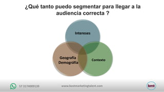 www.bestmarketingtalent.com57	3174009139
Intereses
Contexto
Geografía	
Demográfía
¿Qué tanto puedo segmentar para llegar a la
audiencia correcta ?
 