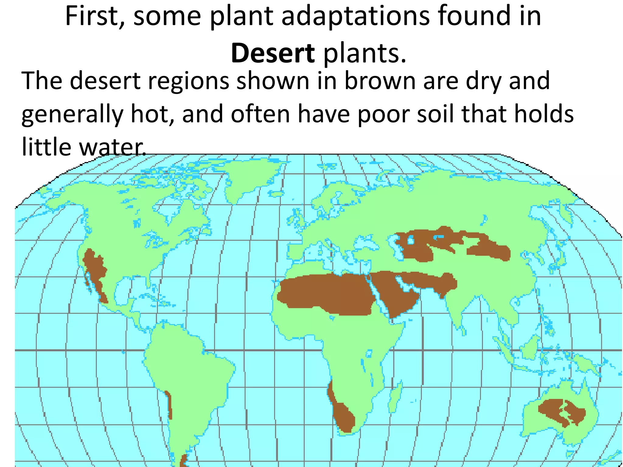 First, some plant adaptations found in
                 Desert plants.
The desert regions shown in brown are dry and
generally hot, and often have poor soil that holds
little water.
 