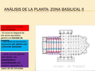 ANÁLISIS DE LA PLANTA: ZONA BASILICAL II

- El cuerpo de la naves
tiene 6 tramos
- El cruce en diagonal de
dos arcos apuntados
genera una bóveda de
crucería
- Las naves se encuentran
separadas por pilares con
columnas adosadas

- Junto con los pilares
del interior, los
arbotantes y
contrafuertes del
exterior aguantan el
peso de las bóvedas

 