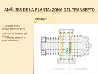 ANÁLISIS DE LA PLANTA: ZONA DEL TRANSEPTO
TRANSEPT
O

NAVE
CENTRAL
NAVE LATERAL

- Se sitúa en el centro del
templo
- Tres naves como en el
espacio basilical

NAVE LATERAL

- Transepto ancho
aunque sobresale poco.

 
