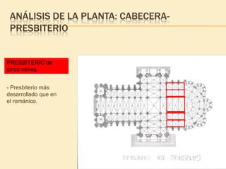 ANÁLISIS DE LA PLANTA: CABECERAPRESBITERIO

PRESBITERIO de
cinco naves.
- Presbiterio más
desarrollado que en
el románico.

 