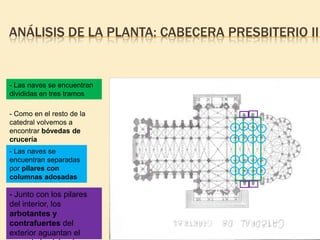 ANÁLISIS DE LA PLANTA: CABECERA PRESBITERIO II

- Las naves se encuentran
divididas en tres tramos
- Como en el resto de la
catedral volvemos a
encontrar bóvedas de
crucería
- Las naves se
encuentran separadas
por pilares con
columnas adosadas

- Junto con los pilares
del interior, los
arbotantes y
contrafuertes del
exterior aguantan el

 