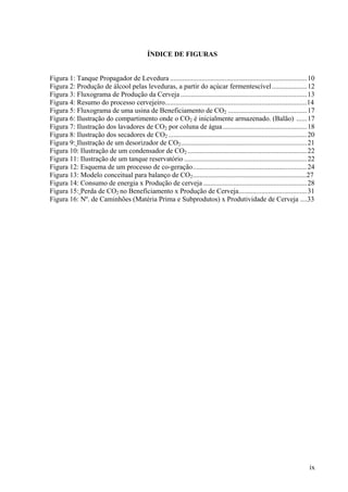 ÍNDICE DE FIGURAS
Figura 1: Tanque Propagador de Levedura ..............................................................................10
Figura 2: Produção de álcool pelas leveduras, a partir do açúcar fermentescível....................12
Figura 3: Fluxograma de Produção da Cerveja ........................................................................13
Figura 4: Resumo do processo cervejeiro.................................................................................14
Figura 5: Fluxograma de uma usina de Beneficiamento de CO2 .............................................17
Figura 6: Ilustração do compartimento onde o CO2 é inicialmente armazenado. (Balão) ......17
Figura 7: Ilustração dos lavadores de CO2 por coluna de água................................................18
Figura 8: Ilustração dos secadores de CO2 ...............................................................................20
Figura 9: Ilustração de um desorizador de CO2........................................................................21
Figura 10: Ilustração de um condensador de CO2 ....................................................................22
Figura 11: Ilustração de um tanque reservatório ......................................................................22
Figura 12: Esquema de um processo de co-geração.................................................................24
Figura 13: Modelo conceitual para balanço de CO2.................................................................27
Figura 14: Consumo de energia x Produção de cerveja ...........................................................28
Figura 15: Perda de CO2 no Beneficiamento x Produção de Cerveja.......................................31
Figura 16: Nº. de Caminhões (Matéria Prima e Subprodutos) x Produtividade de Cerveja ....33
ix
 