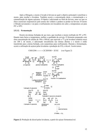 Após a filtragem, o mosto é levado à fervura no qual o objetivo principal é esterilizar o
mosto, para receber a levedura. Também ocorre a concentração deste, a aromatização e a
caramelização de alguns açúcares. O lúpulo é adicionado ao final da fervura, uma vez que os
óleos essenciais responsáveis pelo aroma são voláteis e podem se perder na fervura. O mosto
é filtrado novamente e vai para o resfriamento em trocadores de calor; a temperatura cai para
8ºC a 10ºC.
2.5.3.2. Fermentação
Ocorre em dornas fechadas de aço inox, que recebem o mosto resfriado de 4ºC a 8ºC.
Quanto mais baixa a temperatura, melhor a qualidade da cerveja. O fermento preparado com
uma concentração de células de 106 a 108/ml, que equivale a 77 g de levedura (matéria seca)
em 100 L de mosto, é adicionado inicialmente nas dornas abertas e o mosto é então
transferido para a dorna fechada, com serpentinas para resfriamento. Durante a fermentação,
ocorre a utilização do açúcar pelas leveduras e produção de CO2 e álcool. Assim temos:
C6H12O6 ------→ 2C2H5OH + 2CO2 (ver Figura 2)
Figura 2: Produção de álcool pelas leveduras, a partir do açúcar fermentescível.
12
 
