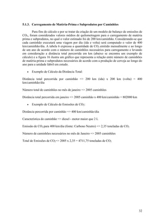5.1.3. Carregamento de Matéria-Prima e Subprodutos por Caminhões
Para fins de cálculo e por se tratar da criação de um modelo de balanço de emissões de
CO2, foram considerados valores médios de quilometragem para o carregamento de matéria
prima e subprodutos, no qual o valor estimado foi de 200 km/caminhão. Considerando-se que
cada caminhão executará uma viagem por dia (ida e volta) será computado o valor de 400
km/caminhão/dia. A tabela 6 expressa a quantidade de CO2 emitido mensalmente e ao longo
de um ano de acordo com o número de caminhões necessários para carregamento e levando
em consideração a distância total percorrida em km (abaixo se encontra um exemplo de
cálculo) e a figura 16 ilustra um gráfico que representa a relação entre número de caminhões
de matéria-prima e subprodutos necessários de acordo com a produção de cerveja ao longo do
ano para a unidade fabril em estudo.
• Exemplo de Cálculo da Distância Total:
Distância total percorrida por caminhão => 200 km (ida) x 200 km (volta) = 400
km/caminhão/dia
Número total de caminhões no mês de janeiro => 2005 caminhões
Distância total percorrida em janeiro => 2005 caminhão x 400 km/caminhão = 802000 km
• Exemplo de Cálculo de Emissões de CO2:
Distância percorrida por caminhão => 400 km/caminhão/dia
Característica do caminhão => diesel - motor maior que 2 L
Emissão de CO2 para 400 km/dia (fonte: Carbono Neutro) => 2,35 toneladas de CO2
Número de caminhões necessários no mês de Janeiro => 2005 caminhões
Total de Emissões de CO2=> 2005 x 2,35 = 4711,75 toneladas de CO2
32
 