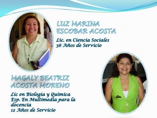LUZ MARINAESCOBAR ACOSTALic. en Ciencia Sociales36 Años de ServicioMAGALY BEATRIZACOSTA MORENOLic en Biologia y QuímicaEsp. En Multimedia para la docencia12 Años de Servicio