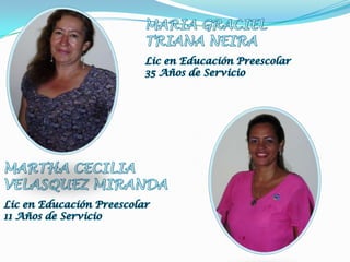MARIA GRACIELTRIANA NEIRALic en Educación Preescolar 35 Años de ServicioMARTHA CECILIAVELASQUEZ MIRANDALic en Educación Preescolar 11 Años de Servicio