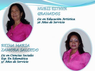 NUBIS ESTHERGRANADOS ROJASLic en Educación Artistica36 Años de ServicioREINA MARIAZAMORA SALCEDOLic en Ciencias SocialesEsp. En Edumática37 Años de Servicio