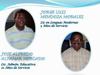 JORGE LUISMENDOZA MORALESLic en Lenguas Modernas3 Años de ServicioJOSE ALFREDOALTAMAR MERCADOLic. Admón. Educativa10 Años de Servicio