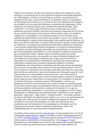 amplio) y los eucariotas. De ellas nos interesan los clados de las eubacterias y de los
eucariotas. Las eubacterias son en líneas generales organismos unicelulares pequeños,
con ADN pequeño y circular sin estar recluido en un núcleo, son organismos sin
organelas (es decir que su única membrana es la membrana celular), y se reproducen
por fisión binaria (una célula crece y se divide en dos). Son organismos microscópicos
sin movilidad o con muy poca movilidad que se reproducen muy rápidamente. De las
eubacterias, nos interesa el grupo de las cianobacterias (también llamadas "algas
verdeazules", son el único grupo de bacterias al que se llama alga), que son las
eubacterias que poseen clorofila y de hecho son los primeros organismos de la Tierra en
los que ocurrió la fotosíntesis como la poseen todas las plantas (aquí en el sentido de
"organismos con cloroplastos"). Los eucariotas pueden ser o no unicelulares (los
ejemplos más espectaculares, los eucariotas macroscópicos o que se ven a simple vista,
son multicelulares), y poseen céulas más grandes y más complejas que las bacterias: con
más de una fibra de ADN lineal, con todo el ADN recluido en un núcleo celular rodeado
por membrana, con organelas con especialización del trabajo rodeadas por membranas,
y una estructura rígida interna llamada citoesqueleto. Casi todos los eucariotas poseen
una organela muy especial llamada mitocondria, que ancestralmente era una bacteria
que fue incorporada por endosimbiosis, y es la encargada de producir la energía con la
que se maneja toda la célula. Además, todos los eucariotas capaces de realizar
fotosíntesis lo hacen gracias a otra organela muy especial llamada cloroplasto, que
ancestralmente era una antigua cianobacteria que, al igual que el ancestro de la
mitocondria, fue incorporada por endosimbiosis. Que hayan sido incorporados por
endosimbiosis significa que el eucariota originalmente deglutió a la bacteria
(probablemente con el fin primario de alimentarse de ella), pero en lugar de degradarla
pasó a convivir con ella dentro del eucariota, de forma que la bacteria pasó a convivir
con el eucariota y a reproducirse por su propia cuenta dentro de él (por eso es que suele
haber más de una mitocondria y más de un cloroplasto por célula que los posee). Con el
tiempo pasaron a ser imprescindibles el uno para el otro, y hoy en día cuando el
eucariota se divide, se cuida de que al menos una mitocondria y al menos un cloroplasto
pasen a cada una de las células hijas. Las mitocondrias y los cloroplastos, al igual que
las bacterias de las que se originaron, poseen ADN (pequeño y circular), y se
reproducen por fisión (y otra característica que tienen en cuenta los científicos porque
les hizo darse cuenta de que eran originalmente bacterias es que poseen su propio tipo
de ribosoma diferente al del eucariota y similar al de la bacteria). La vez que un
eucariota engulló una cianobacteria y la convirtió en un cloroplasto se formó el taxón
Primoplantae o Archaeplastida (aquí también llamado "clado Plantae"), que engloba a
glaucofitas, "algas rojas", "algas verdes" y "plantas terrestres". Los demás eucariotas
que poseen cloroplastos los adquirieron por engullir a su vez no a una cianobacteria sino
a un alga verde o alga roja que ya tenían cloroplastos (los adquirieron "de forma
secundaria"), por lo tanto, los cloroplastos son todos derivados de una única
cianobacteria que fue la primera en ser incorporada por un cloroplasto, pero los
eucariotas que los poseen, al haber realizado la endosimbiosis varias veces
independientemente, no están relacionados filogenéticamente.

Las plantas poseen muchos tipos de ciclos de vida. Las algas pueden poseer un ciclo de
vida haplonte, haplo-diplonte o diplonte. Las plantas terrestres (Embryophyta) poseen
un ciclo de vida haplo-diplonte, y entre ellas podemos diferenciar entre los musgos en
sentido amplio, las pteridofitas y las espermatofitas. En los musgos, el cuerpo
fotosintético es la parte haplonte de su ciclo de vida, mientras que el estadio diplonte se
limita a un tallito que nutricionalmente es dependiente del estadio haplonte. En
 