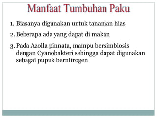 1. Biasanya digunakan untuk tanaman hias
2. Beberapa ada yang dapat di makan
3. Pada Azolla pinnata, mampu bersimbiosis
dengan Cyanobakteri sehingga dapat digunakan
sebagai pupuk bernitrogen

 