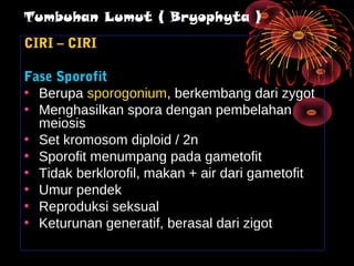 CIRI – CIRI
Fase Sporofit
• Berupa sporogonium, berkembang dari zygot
• Menghasilkan spora dengan pembelahan
meiosis
• Set kromosom diploid / 2n
• Sporofit menumpang pada gametofit
• Tidak berklorofil, makan + air dari gametofit
• Umur pendek
• Reproduksi seksual
• Keturunan generatif, berasal dari zigot
Tumbuhan Lumut ( Bryophyta )
 