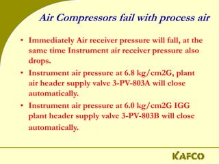 Air Compressors fail with process air
• Immediately Air receiver pressure will fall, at the
same time Instrument air receiver pressure also
drops.
• Instrument air pressure at 6.8 kg/cm2G, plant
air header supply valve 3-PV-803A will close
automatically.
• Instrument air pressure at 6.0 kg/cm2G IGG
plant header supply valve 3-PV-803B will close
automatically.
 