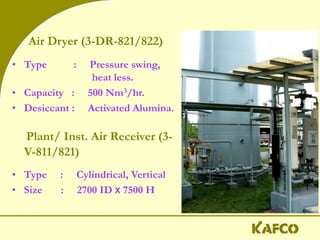 Air Dryer (3-DR-821/822)
• Type : Pressure swing,
heat less.
• Capacity : 500 Nm3/hr.
• Desiccant : Activated Alumina.
Plant/ Inst. Air Receiver (3-
V-811/821)
• Type : Cylindrical, Vertical
• Size : 2700 ID X 7500 H
 