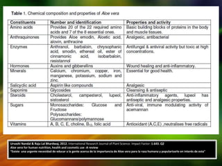 Urvashi Nandal & Raju Lal Bhardwaj, 2012. International Research Journal of Plant Science. Impact Factor: 1.643. Q2
Aloe vera for human nutrition, health and cosmetic use -A review
“Existe una urgente necesidad de educar a la gente acerca de la importancia de Aloe vera para la raza humana y popularizarlo en interés de esta"
 