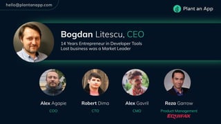 Bogdan Litescu, CEO
Alex Agapie
COO
Robert Dima
CTO
Reza Garrow
Product Management
Alex Gavril
CMO
14 Years Entrepreneur in Developer Tools
Last business was a Market Leader
 
