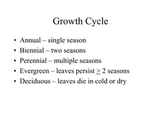 Growth Cycle
• Annual – single season
• Biennial – two seasons
• Perennial – multiple seasons
• Evergreen – leaves persist > 2 seasons
• Deciduous – leaves die in cold or dry
 
