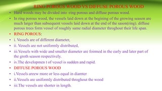 RING POROUS WOOD VS DIFFUSE POROUS WOOD
• Hard woods may be divided into -ring porous and diffuse porous wood.
• In ring porous wood, the vessels laid down at the begining of the growing season are
much larger than subsequent vessels laid down at the end of the sason(ring). diffuse
porous trees form vessel of roughly same radial diameter throghout their life span.
• RING POROUS:
• i. Vessels are of different diameter,
• ii. Vessels are not uniformly distributed,
• iii.Vessels with wide and smaller diameter are foirmed in the early and later part of
the groth season respectively.
• iv.The developmen t of vessel is sudden and rapid.
• DIFFUSE POROUS WOOD
• i.Vessels areew more or less equal in diamter
• ii.Vessels are uniformly distributed throghout the wood
• iii.The vessels are shorter in length.
 